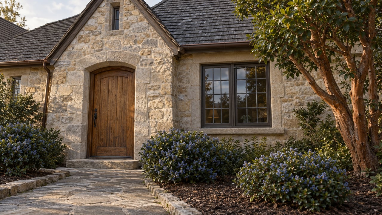 Stone cottage entry with an oak door, divided casement window, weathered shingle gable and a planted sandstone garden approach.