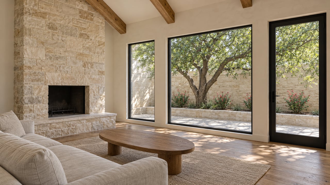Sunlit vaulted living room with oak beams, a pale limestone fireplace, linen sofa and black-framed glazing overlooking a planted stone terrace.