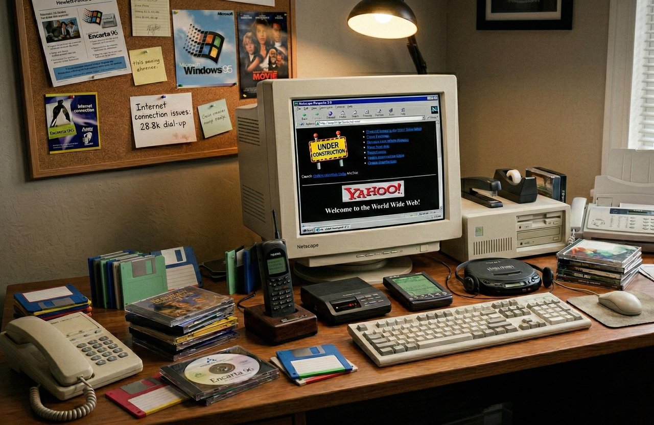 Early 2000s computer setup with CRT monitor, CDs and nostalgic dial-up internet technology