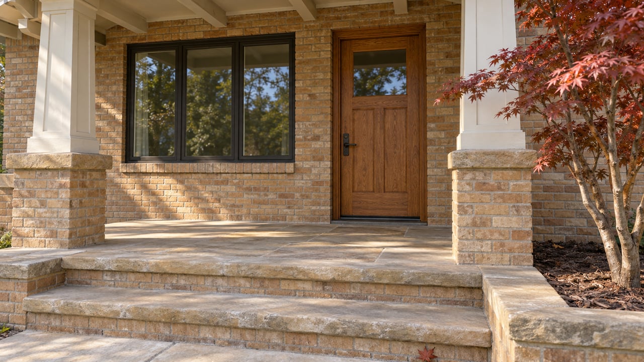 Morning light on a buff-brick porch, oak glazed entry door and sandstone steps beside a copper-red maple.