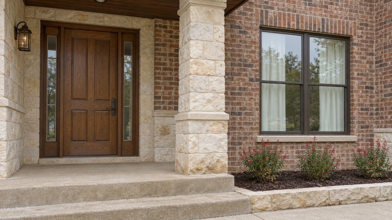 Sheltered brick and limestone home entry with a closed oak door, bronze-framed window and flowering autumn sage beside a concrete porch step.