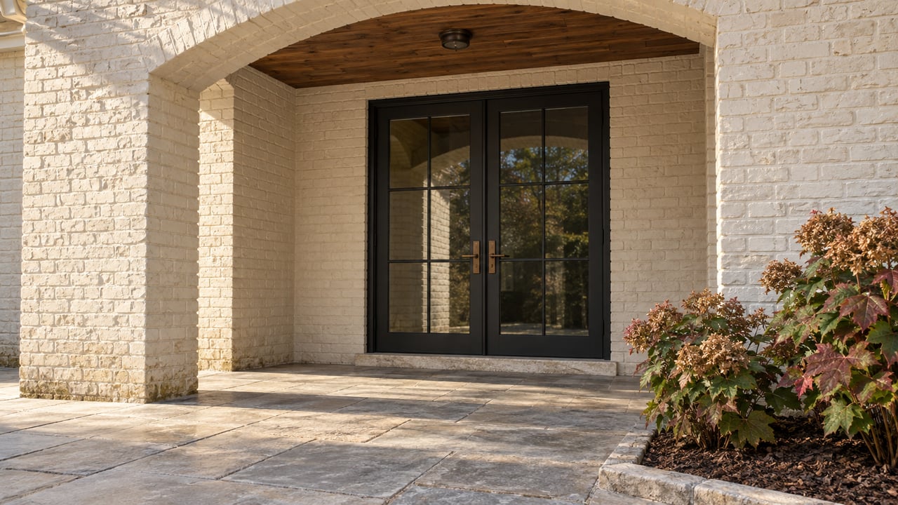 Ivory painted-brick arch frames closed black French doors above a worn limestone terrace, with oakleaf hydrangeas beside a low stone curb.