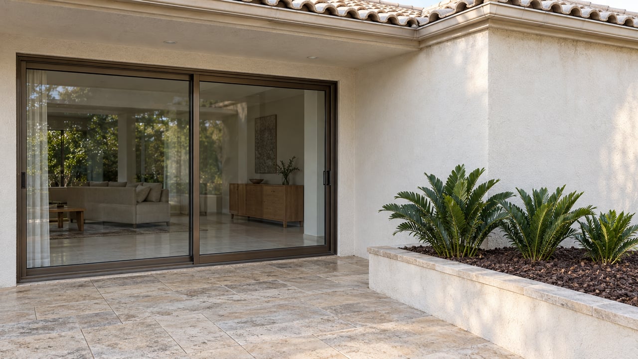 Covered terrace with warm-white stucco, bronze-framed glass doors, pale stone paving and coontie plants in a raised bed.