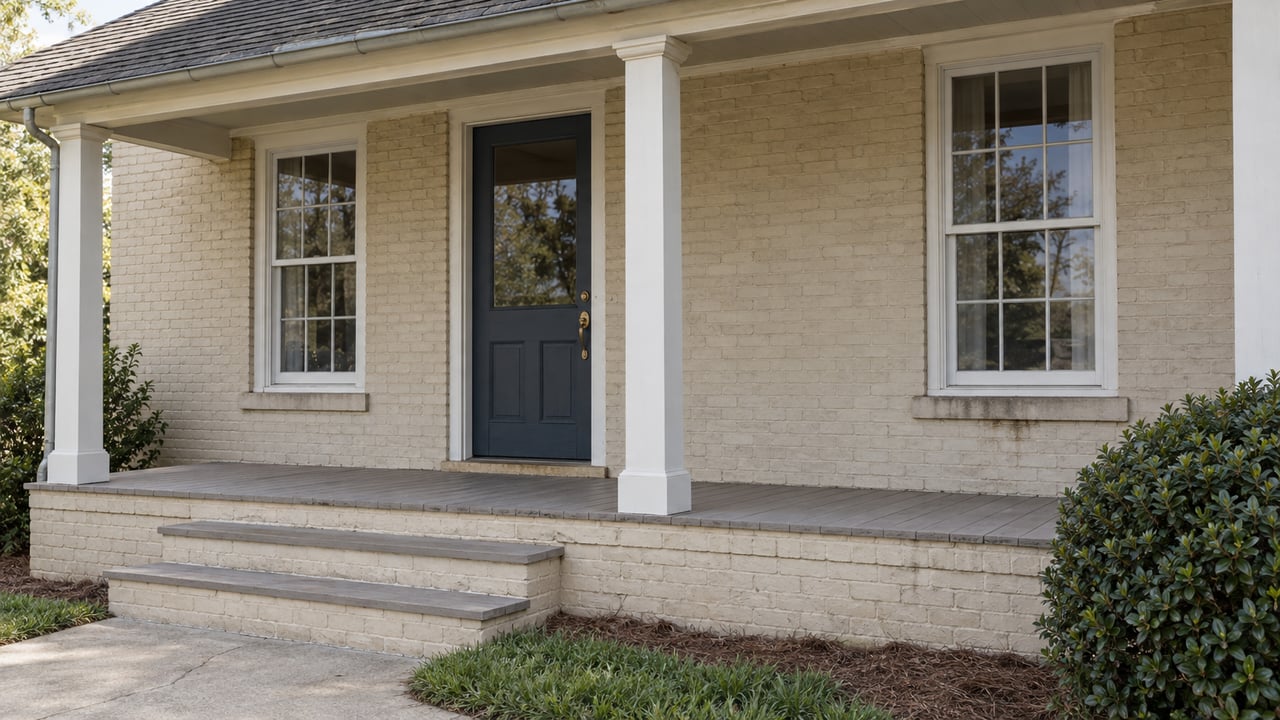 Sand-colored brick house with a blue paneled door, two sash windows, and a small porch above concrete steps.