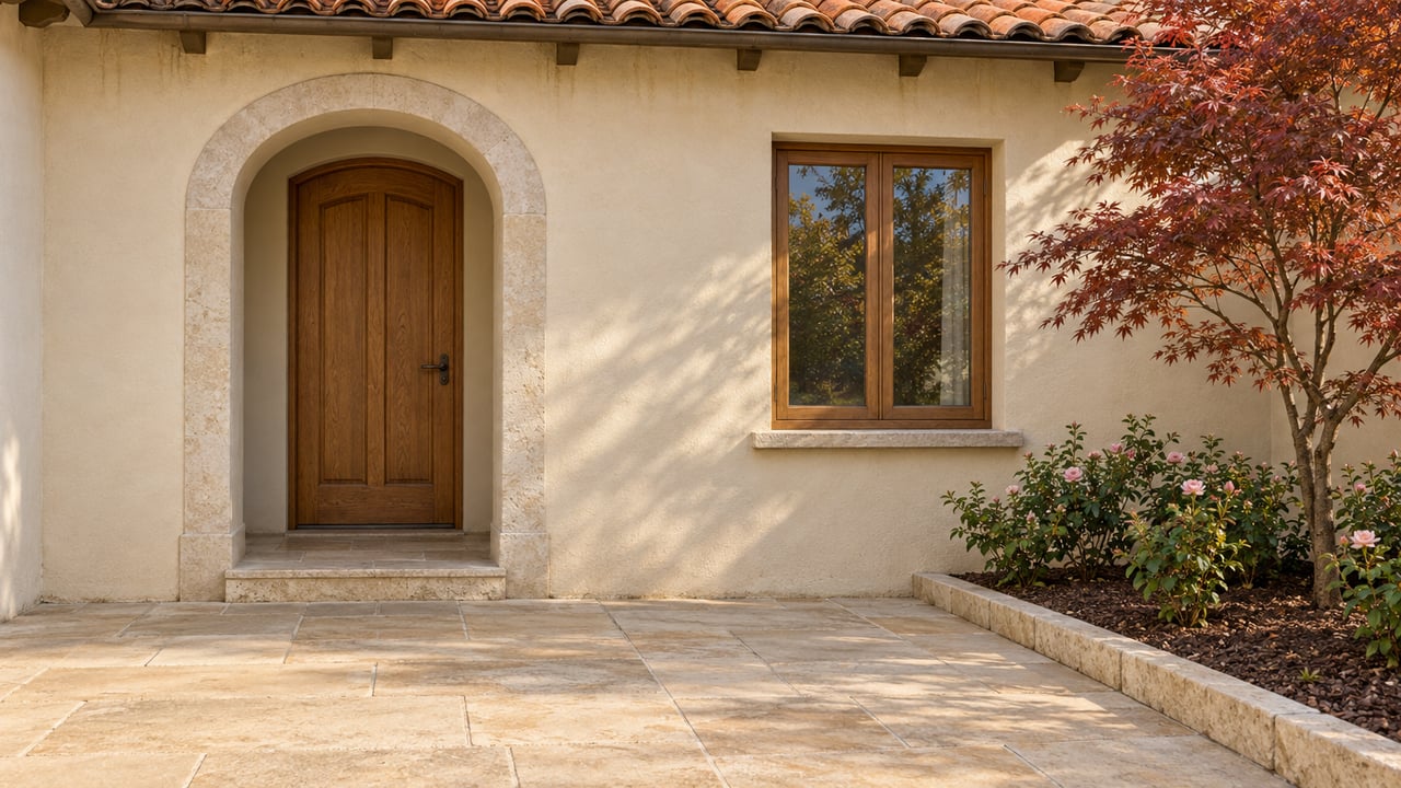 Warm cream stucco house with an arched oak entry, red clay roof tiles, sandstone court and copper-red Japanese maple.