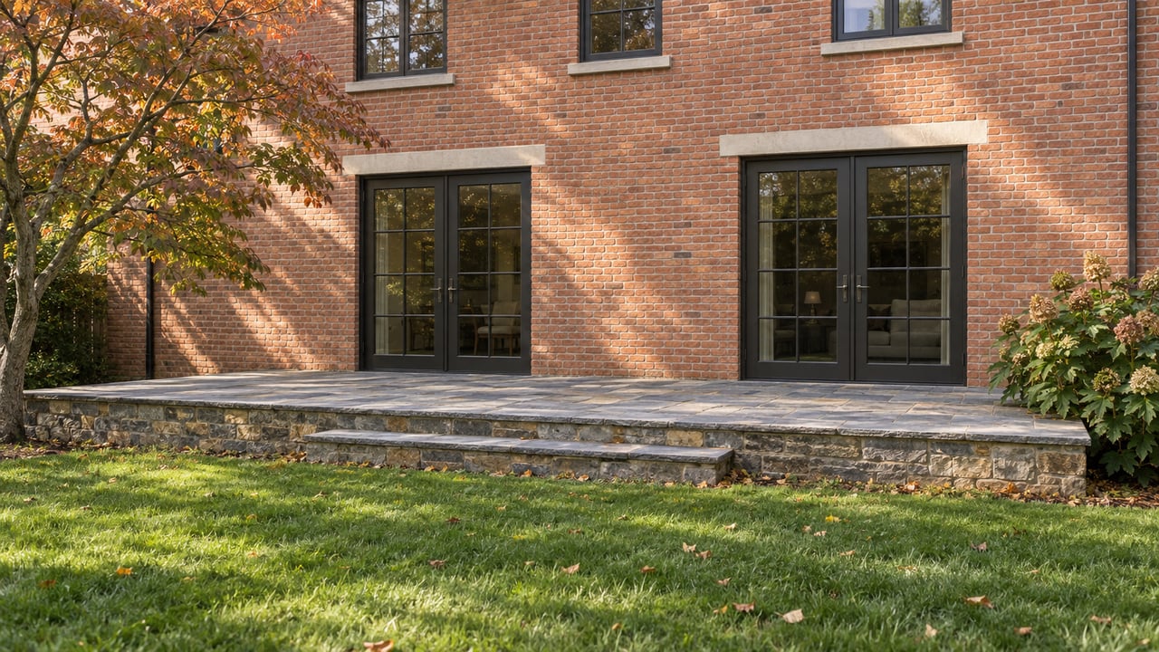 Red-brick house with closed French doors, a bluestone terrace, two steps, and a lawn beneath a copper-leaved tree.