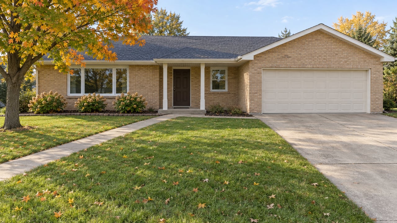 Buff-brick ranch home with a charcoal roof, broad autumn lawn, turning sugar maple, and concrete driveway.