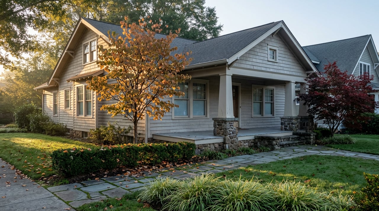 Gray-beige clapboard home with a stone porch, framed by amber and red autumn trees and a flagstone walk.