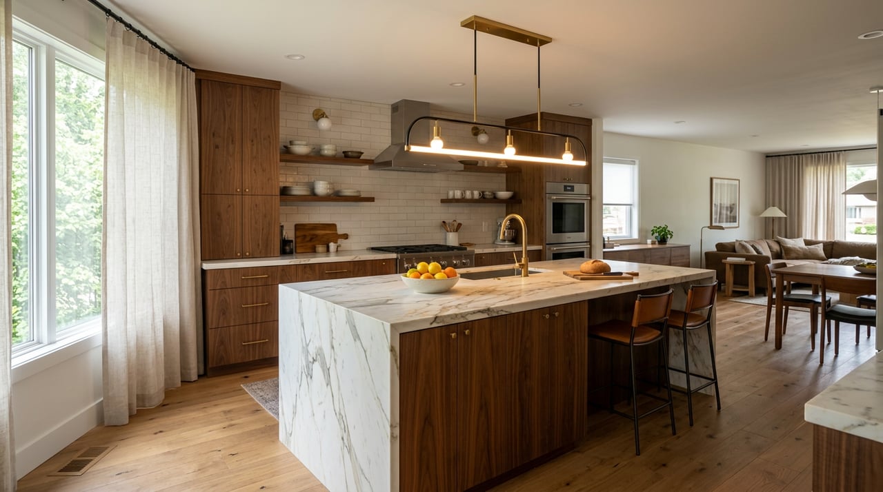 Kitchen with a white veined-stone island, brass-and-black pendant, oak cabinetry, and green apples on the counter.