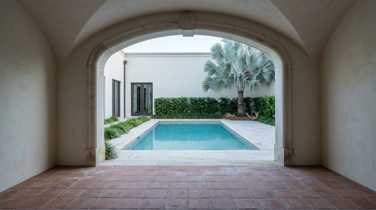 Terracotta-floored loggia frames a courtyard pool, silver-blue palm, clipped hedges, and bronze-framed French doors.