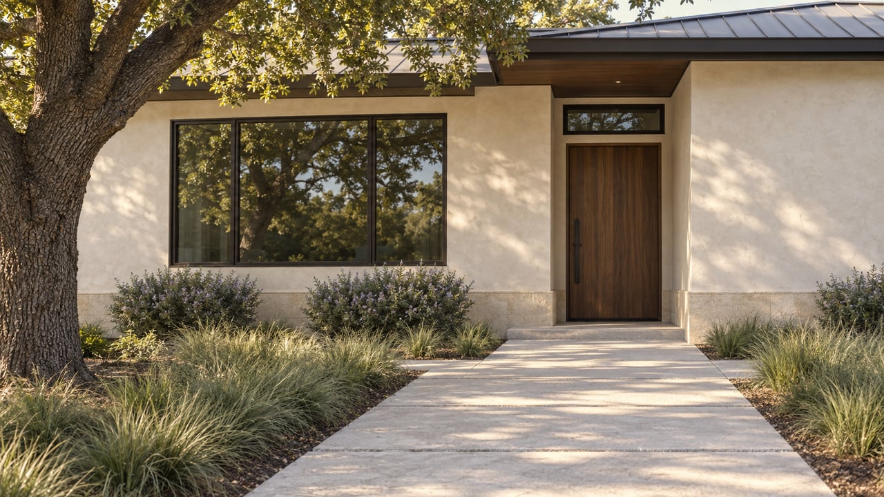 Off-white stucco house with a recessed walnut entry, broad concrete approach, and mature oak canopy.