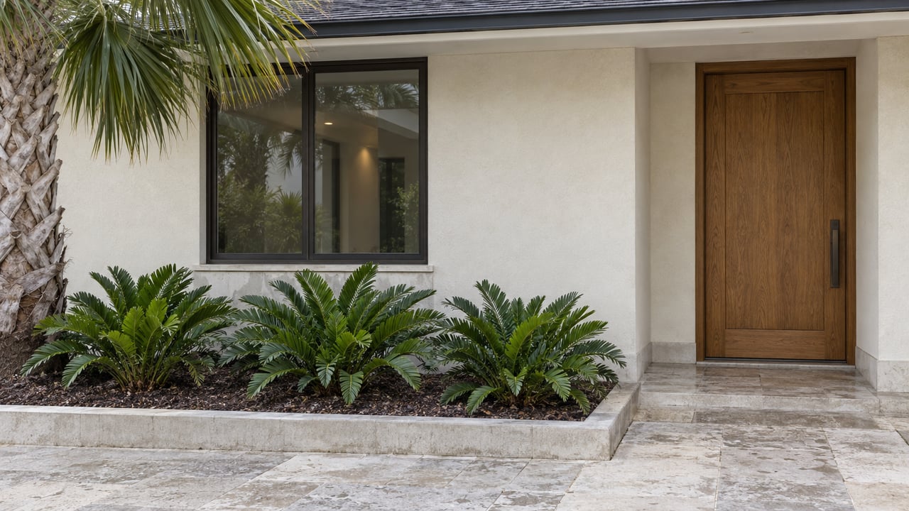 Cream stucco house entrance with an oak door, bronze-framed window, limestone path, and raised tropical planting bed.