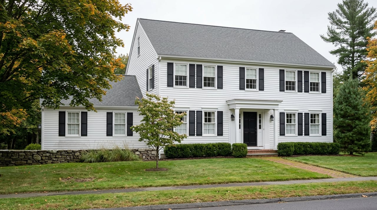 White Colonial house with black shutters and a columned portico, set behind a deep lawn and brick walk.