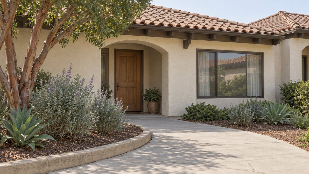 Warm stucco single-level residence with a shaded arched entry, terracotta roof and a curved concrete path beside sculptural planting.