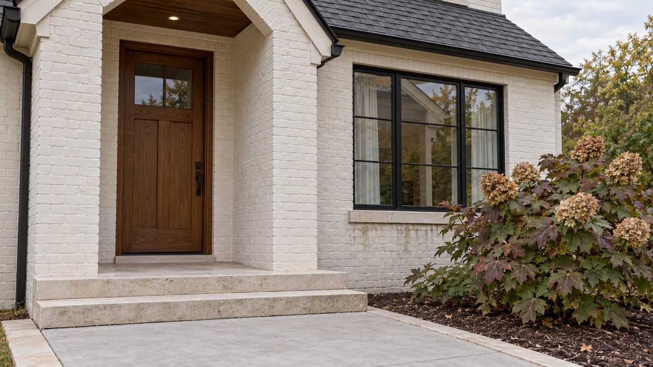 White painted brick home entrance with a walnut-toned door, black-framed window, limestone steps and autumn oakleaf hydrangea.