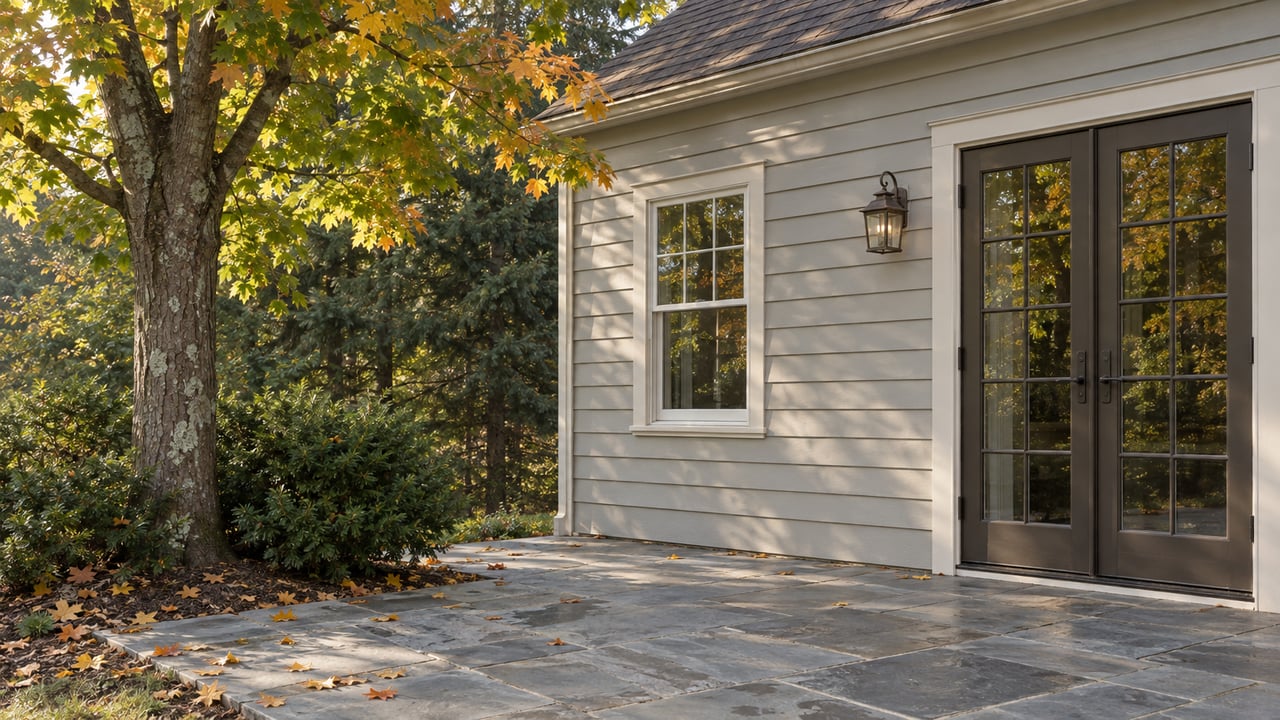 Pale clapboard house with French doors beside an amber-tinged maple, bluestone terrace in the foreground.
