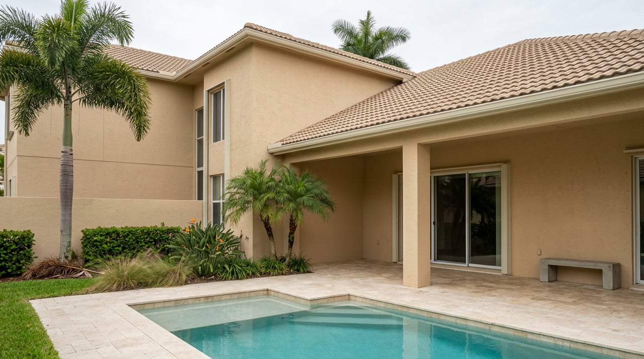 Turquoise courtyard pool with a travertine sun shelf, covered lanai, sand-colored stucco walls, and a palm.