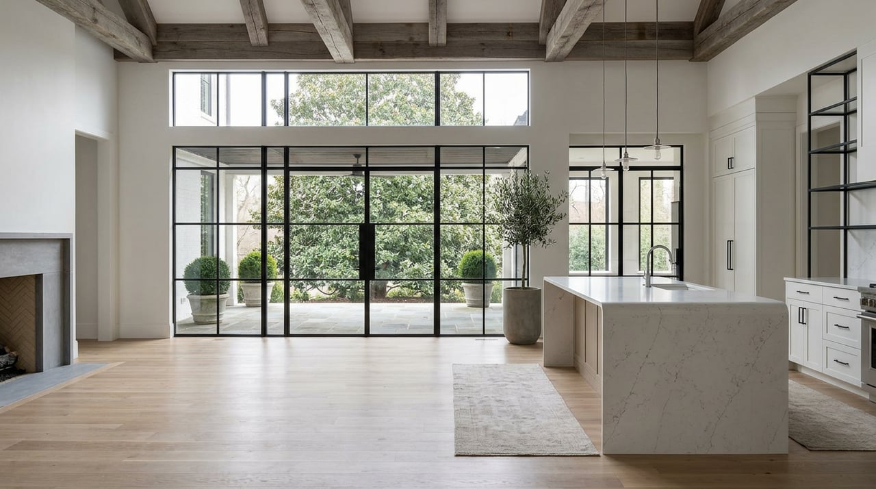 Open kitchen with a waterfall-quartz island, limestone fireplace, and black-framed glazing overlooking a magnolia canopy.
