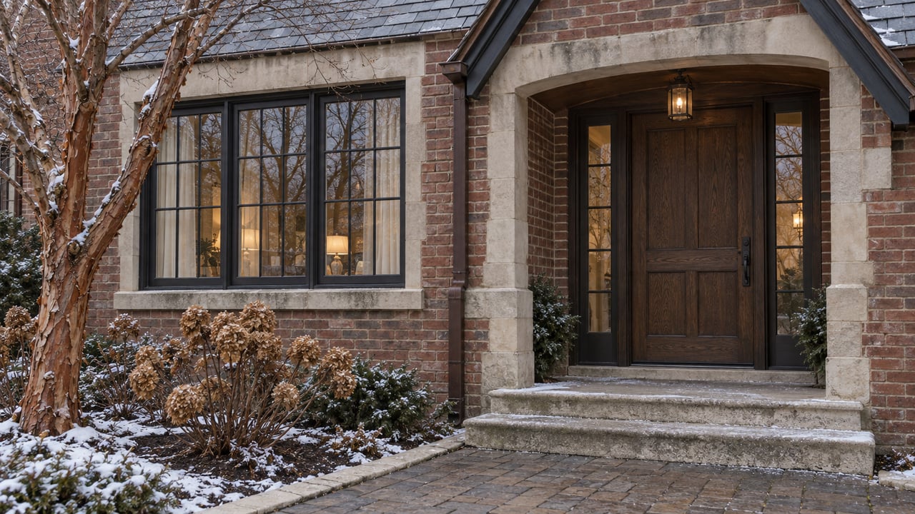 Winter light on a brick home's oak entrance, limestone steps and black-framed window, beside a paperbark maple and dried oakleaf hydrangeas.