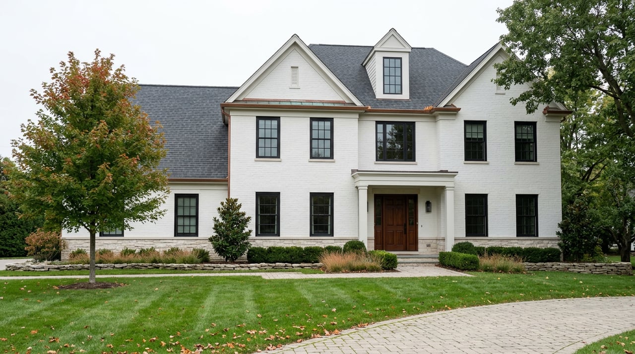 White-brick home with limestone entry, dark roof, symmetrical windows, and red maple beside its lawn.