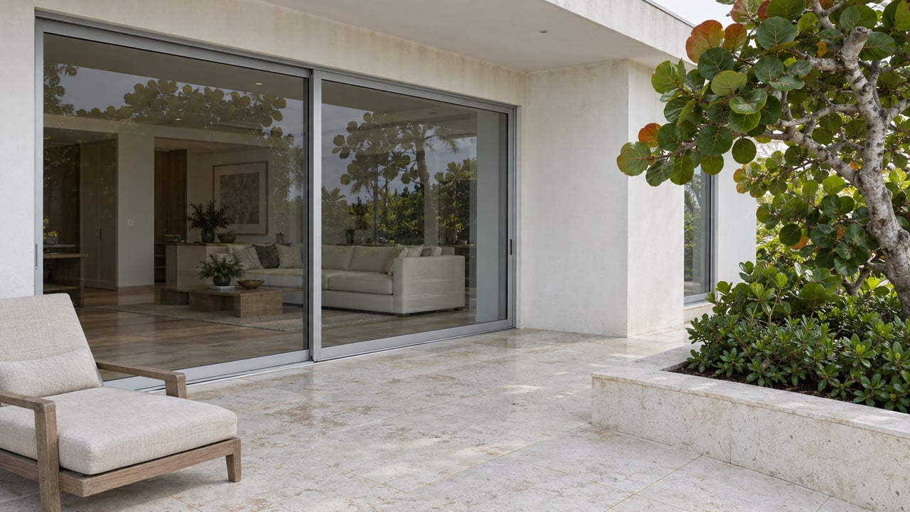 A white contemporary home's covered limestone terrace with closed sliding glass, a teak lounge chair and a sculptural sea grape tree.