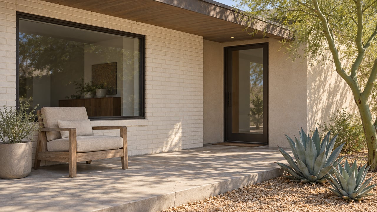Cream-brick single-story home with a shaded glazed entry, an aged teak chair, and a concrete terrace beside blue palo verde and agaves.