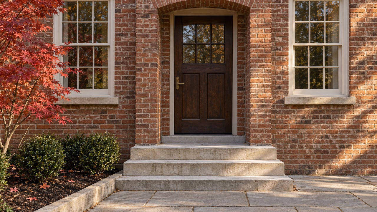 Red-brown brick home entrance with a dark oak door, paired ivory windows, limestone steps and red autumn maple leaves.