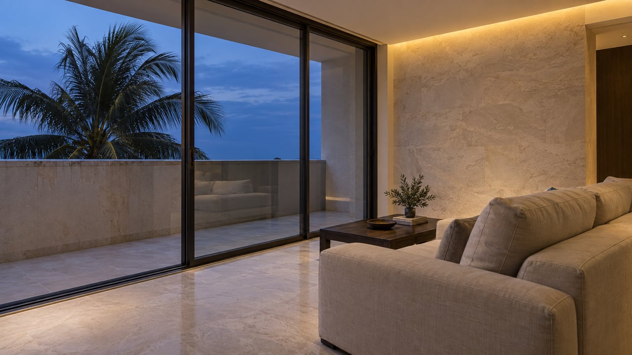 Condominium living room with an oatmeal sofa, stone floor, and a palm visible through sliding glass doors.