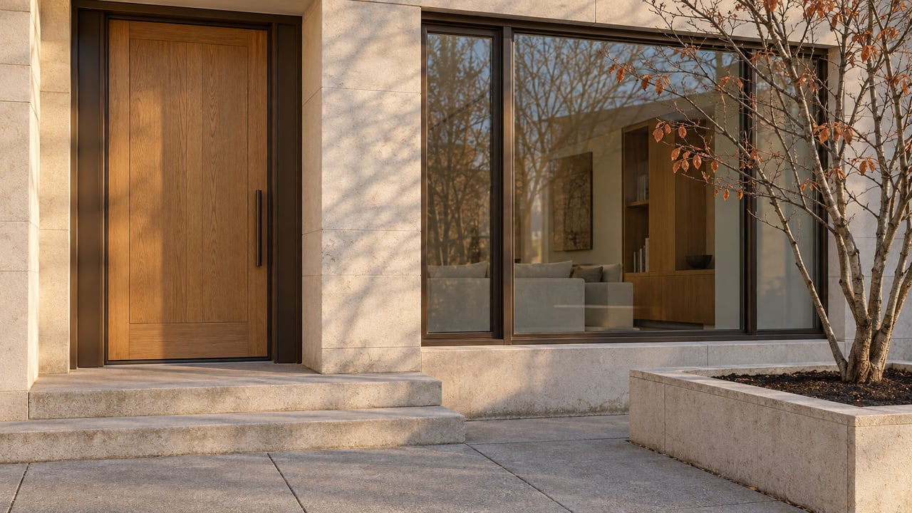 Late-autumn light grazes a limestone residential entry with an oak door, bronze-framed window, and a bare serviceberry in a raised stone planter.