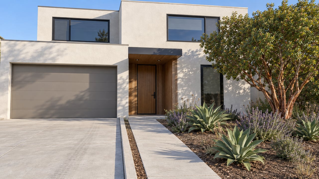 Two-story white stucco home with wood-lined recessed entry, black-framed windows, and a concrete approach beside sculptural drought-tolerant planting.