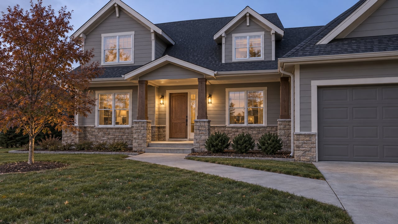 An autumn lawn and concrete path lead to a softly illuminated covered porch on a gray-sided home with stone piers and pitched gables.