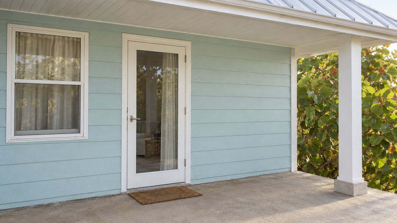 Pale aqua elevated home's covered entry with a glazed white door, weathered concrete landing and sea grape leaves beside the porch.