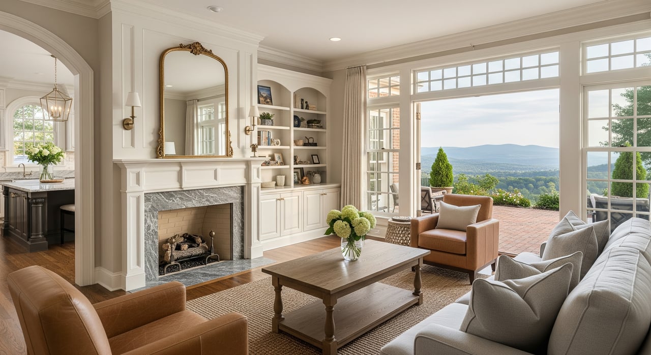 Bright living room with a stone fireplace, sofas, and open doors overlooking a patio and distant hills.