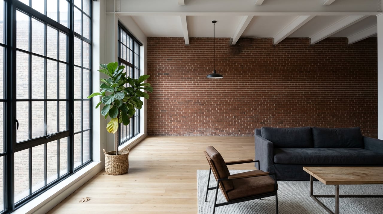 Loft interior with rust-red brick, black steel windows, sparse seating, potted ficus, and pendant light.