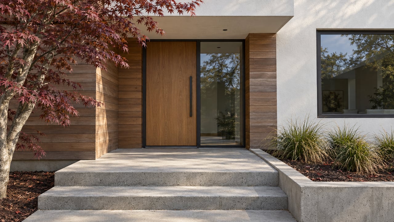 A contemporary home's cedar-lined entrance, white stucco walls and concrete steps beside a burgundy Japanese maple and planted sedges.