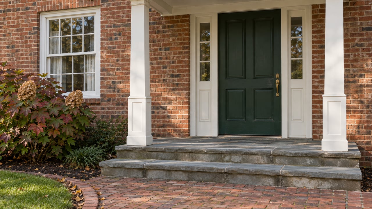 Brick home entry with a green paneled door, paired white canopy posts, worn bluestone steps, and oakleaf hydrangea.