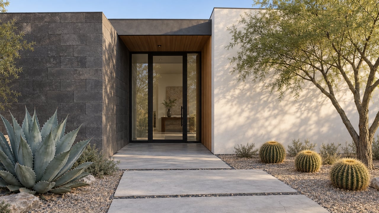 Modern stucco residence with a recessed glass entry, cedar-lined reveal, agave, and desert garden.