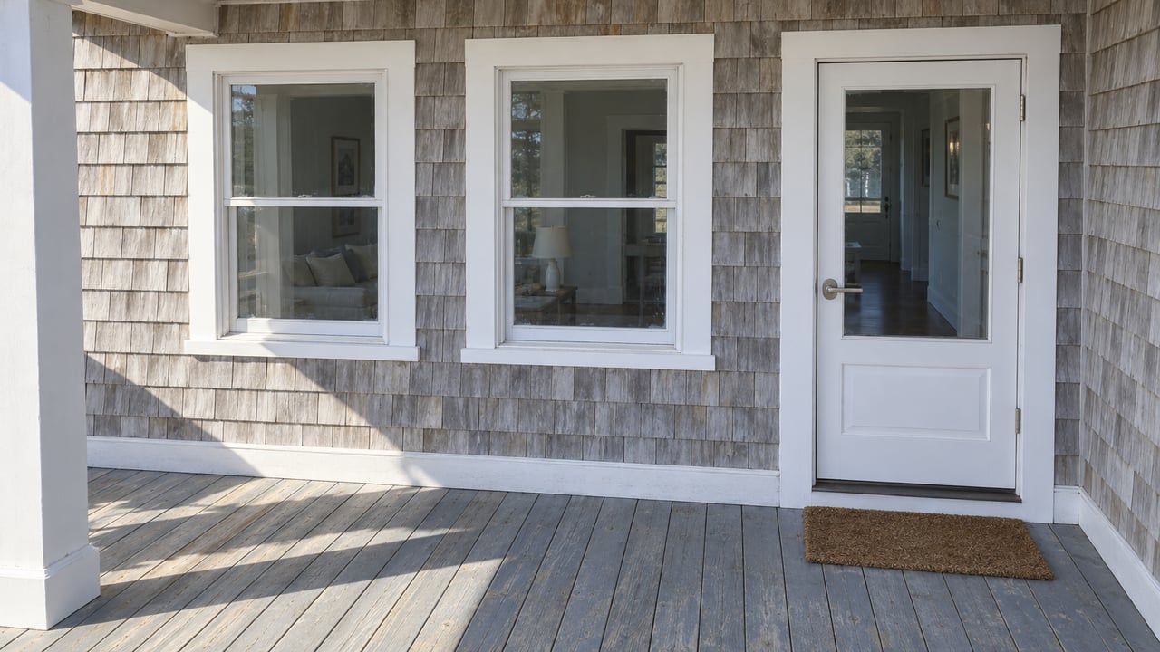 Salt-weathered cedar shingles, white-trimmed windows and a glazed entry door above a sunlit blue-gray porch floor.