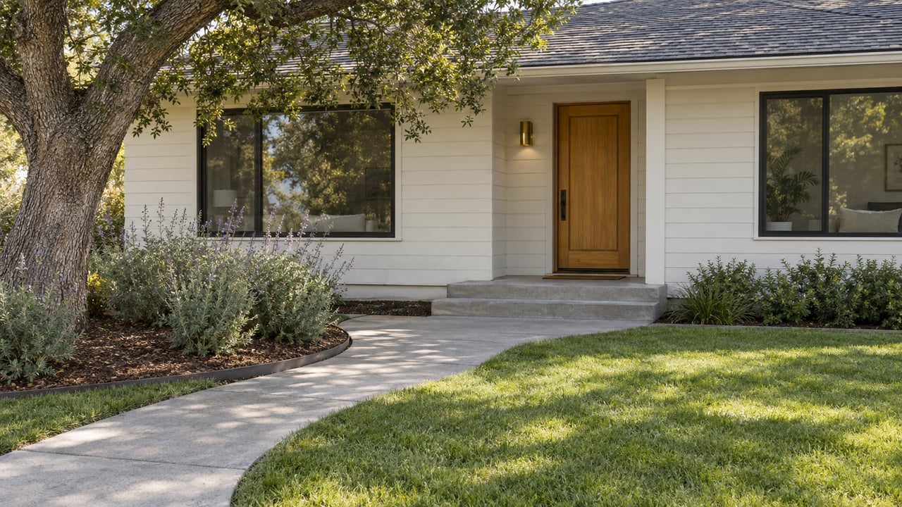 Renovated single-story home with wood siding, a curved concrete approach, broad front lawn and a mature oak.