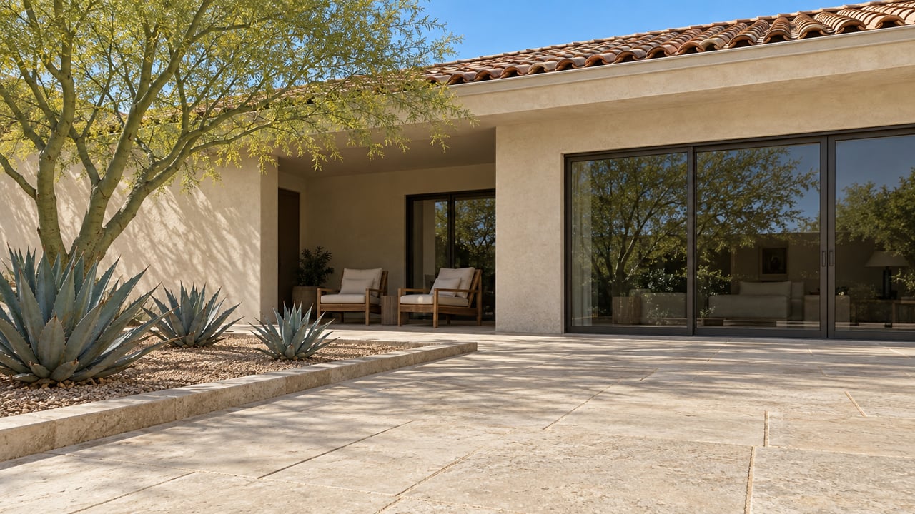 Low view across a limestone terrace toward a single-story stucco home with terracotta roof tiles, bronze-framed glass doors and sculptural desert planting.