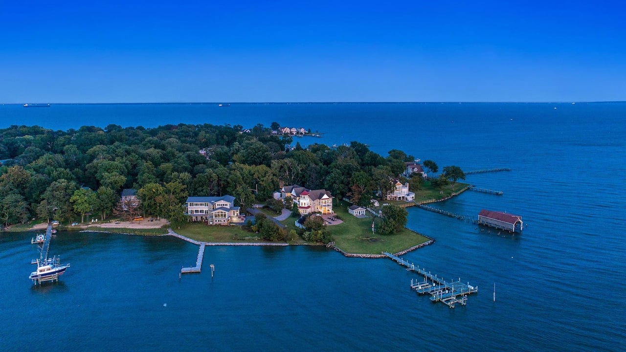 Aerial view of waterfront homes with private docks along a wooded shoreline.