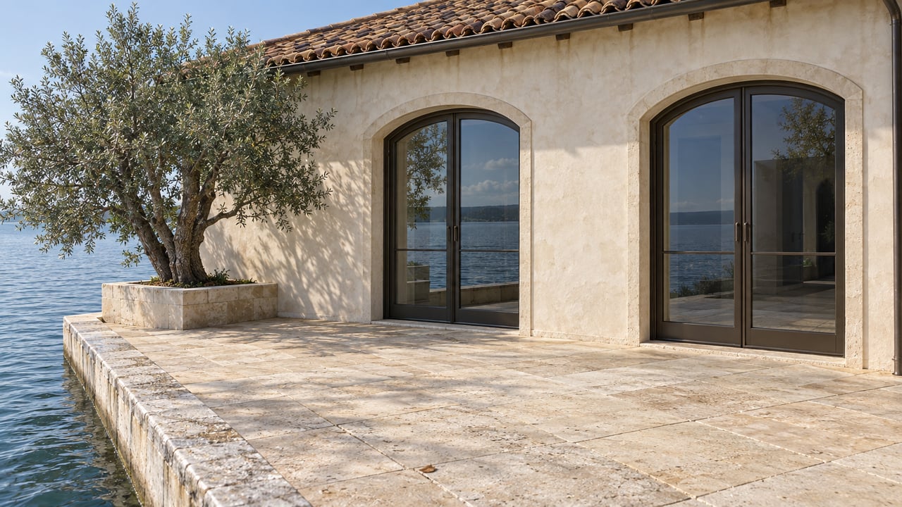 Cream-stucco waterfront house with arched glass doors, limestone terrace, and an olive tree beside the lake.