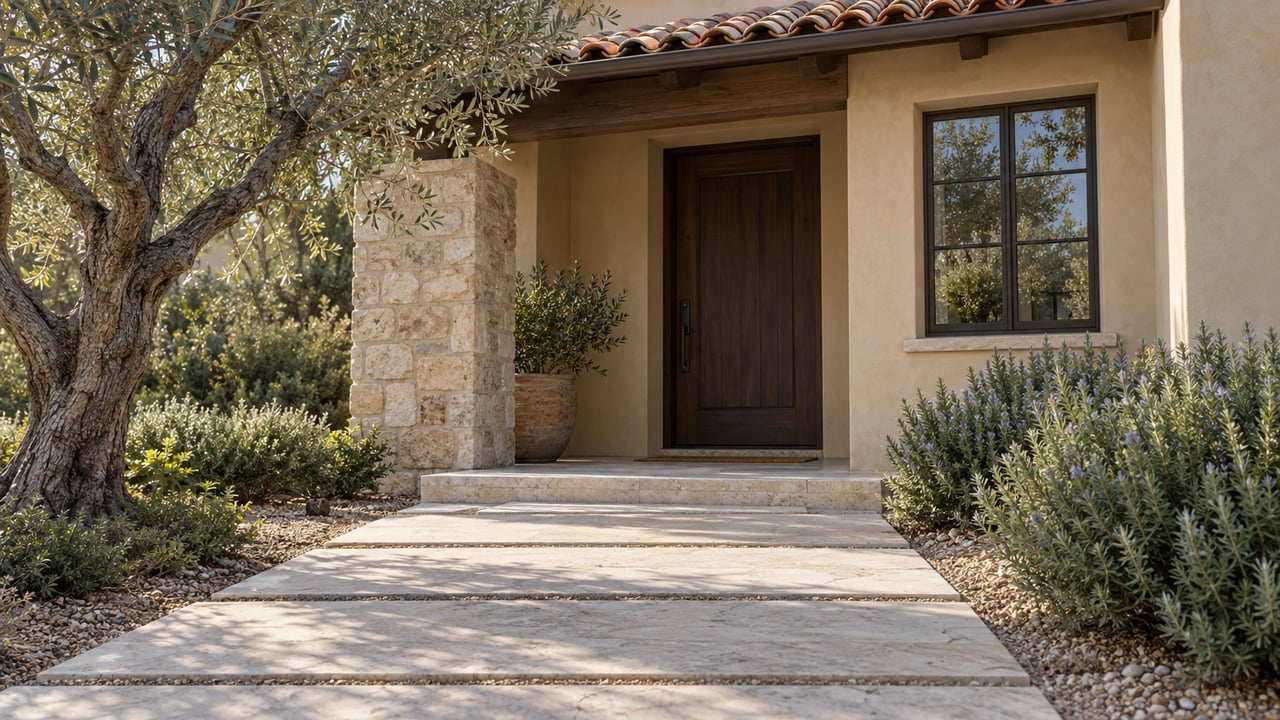 Limestone slabs lead to a stucco house’s shaded porch, with an olive tree and rosemary beside the walk.