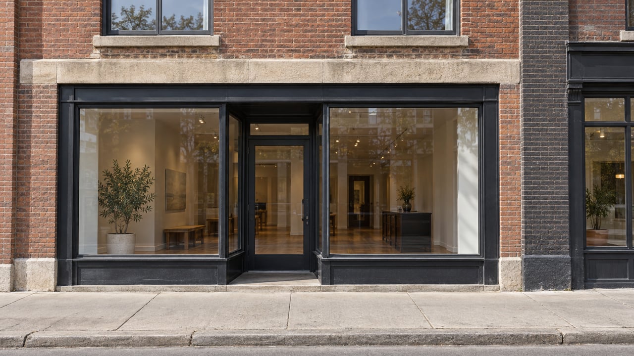 Red-brown brick mixed-use building with two upper sash windows and a recessed glass storefront.