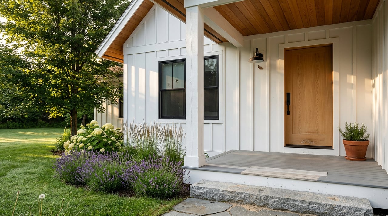 Farmhouse porch with a white oak door, cedar ceiling, granite landing, and flowering hydrangea and lavender.