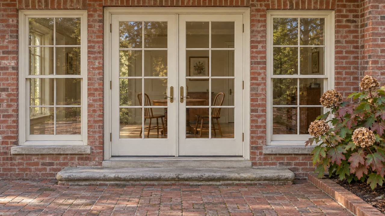 Weathered brick terrace outside cream-painted French doors, with an oak breakfast table visible inside and an oakleaf hydrangea beside the terrace.