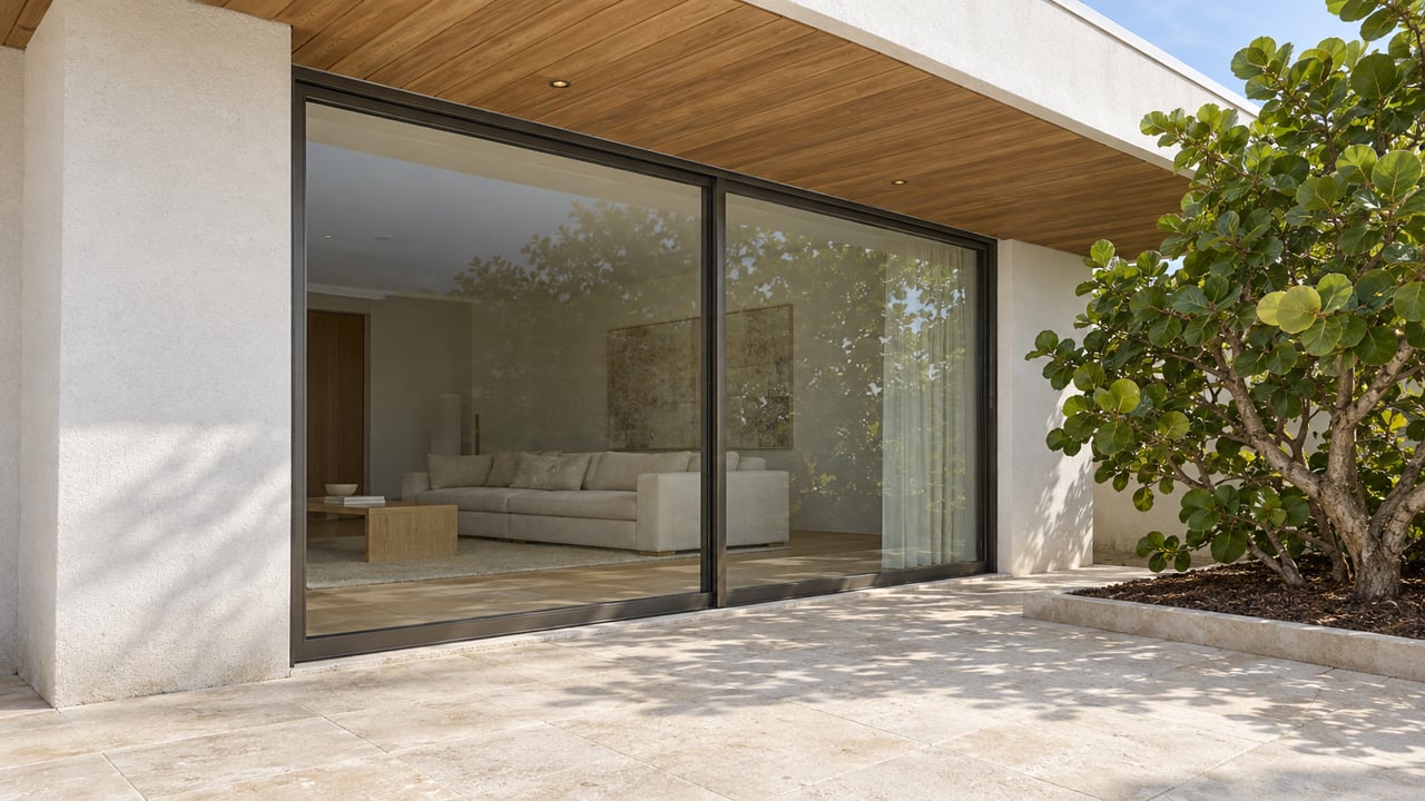 A sunlit coastal-modern home's covered limestone terrace, white stucco pier and closed glass doors beneath a warm wood soffit, beside a sea-grape tree.