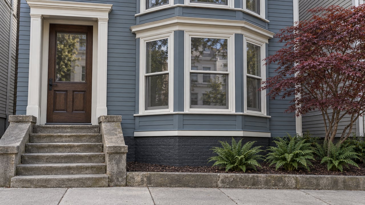 Slate-blue wood-clad home with white bay windows, a dark oak door, worn stone steps and a burgundy Japanese maple.