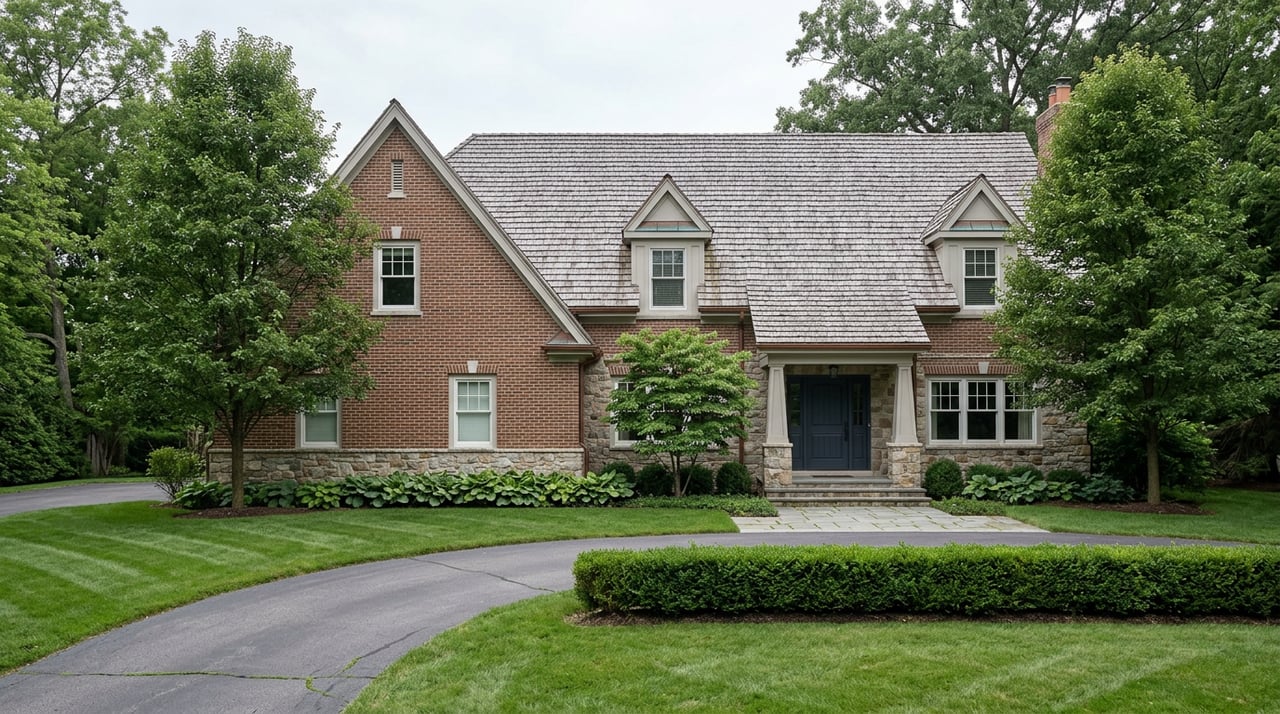 Two-story stone-and-brick estate home with a grey shake roof, mature oaks, and a curved driveway across a deep lawn.