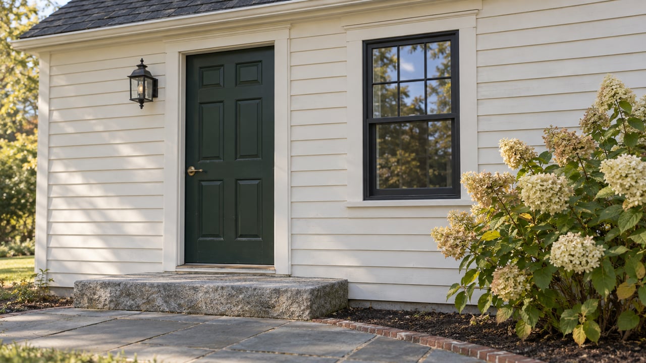 Cream clapboard entry with a dark green six-panel door, granite step, and ivory hydrangea blooms.
